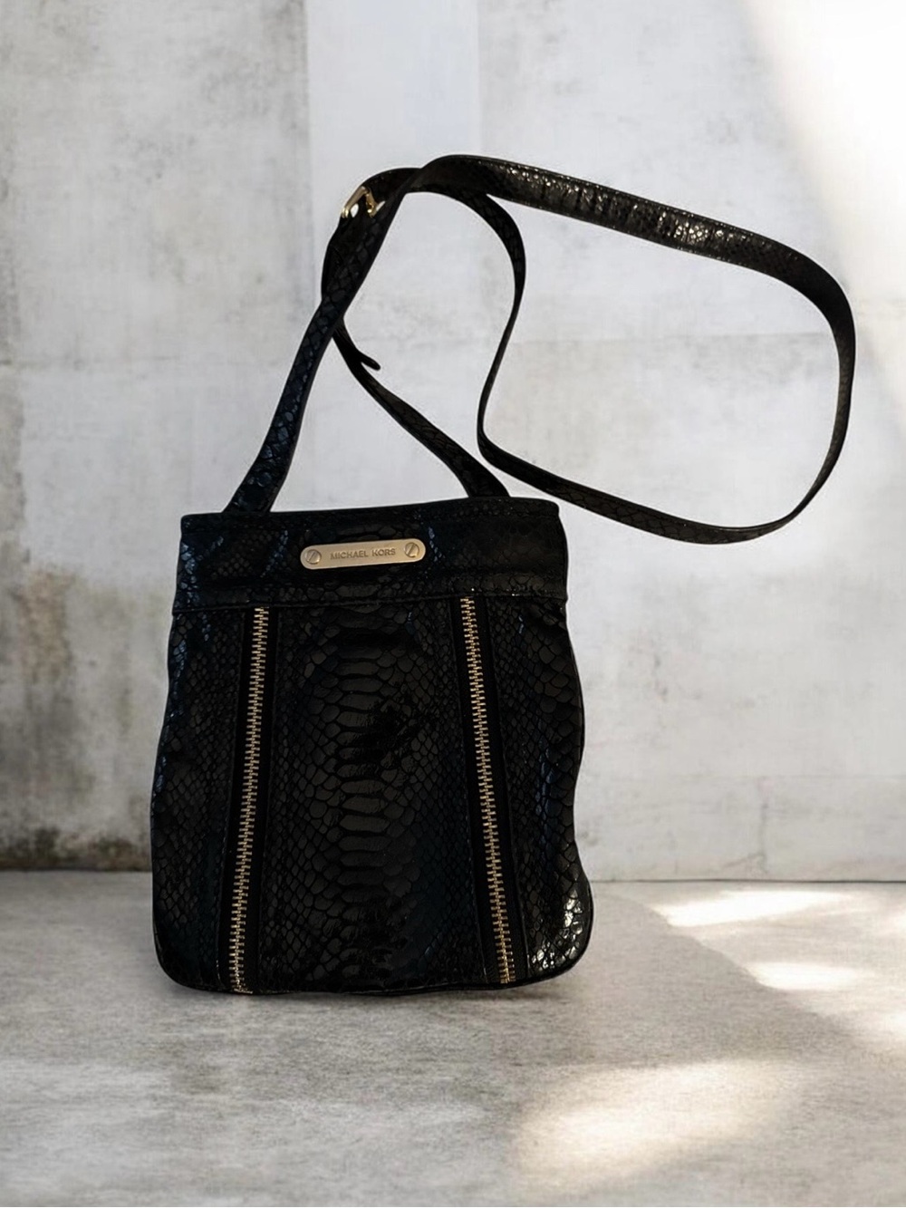 Michael Kors Black Snake-Embossed Crossbody Sling